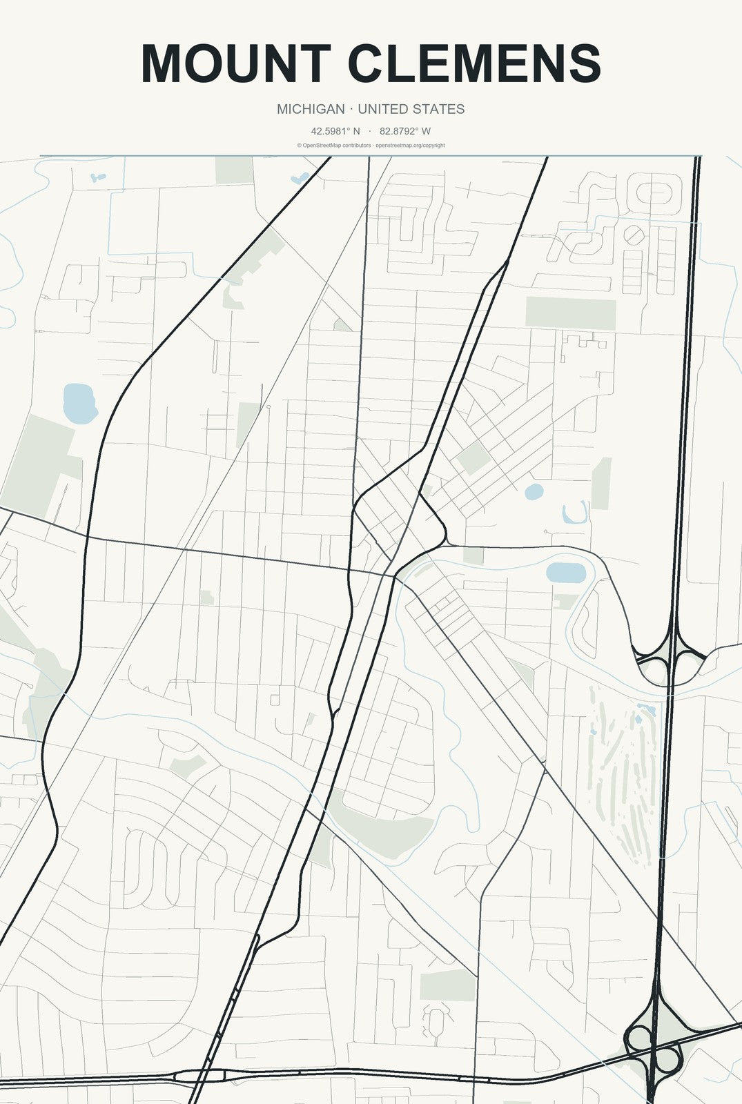 Mount Clemens, Michigan City Map Aluminum Sign in Headline Atlas style