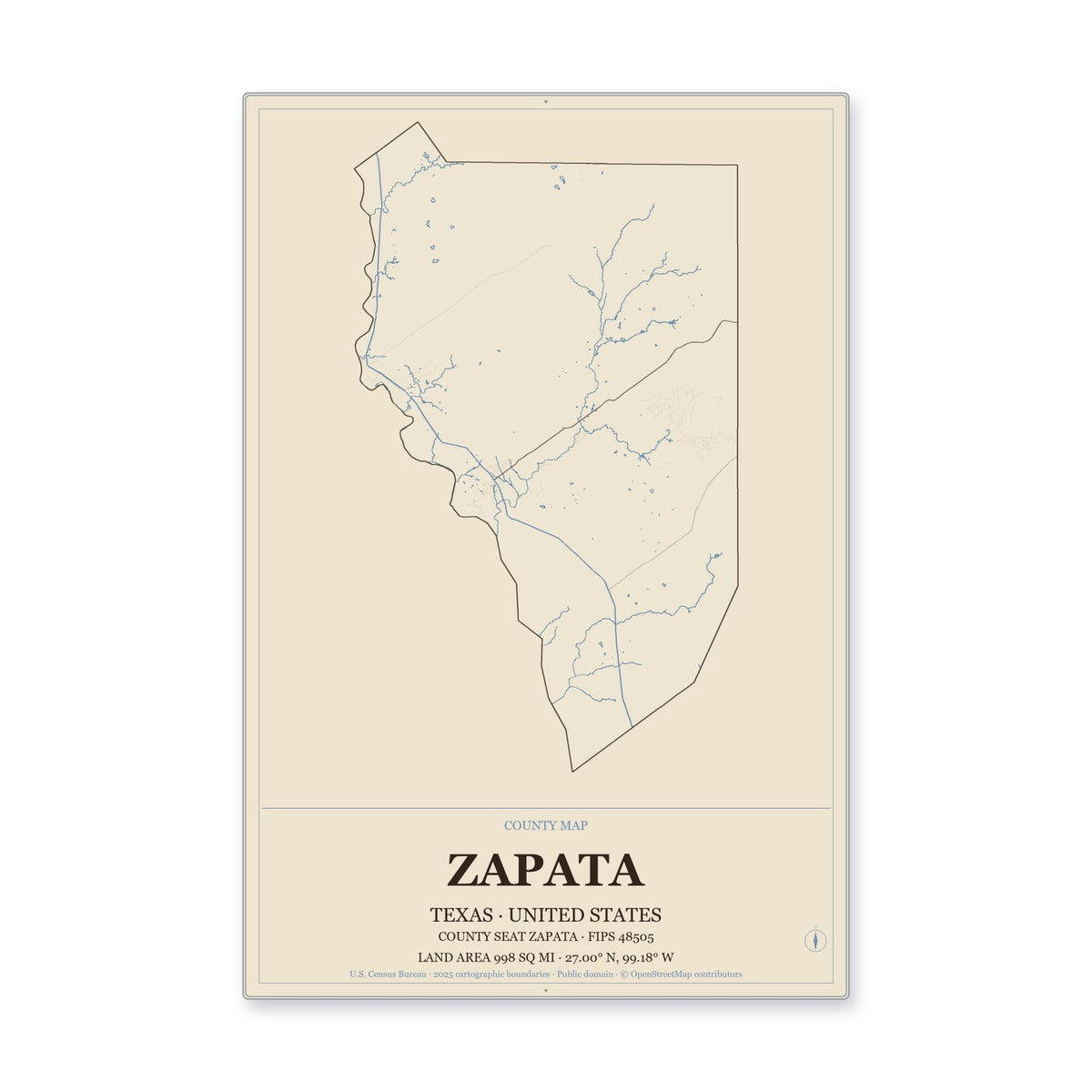 Zapata County, Texas Map Aluminum Sign in Heritage Nautical style
