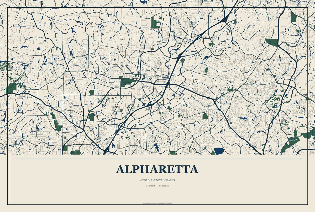 Alpharetta, Georgia City Map Aluminum Sign in Coastal Cutout style