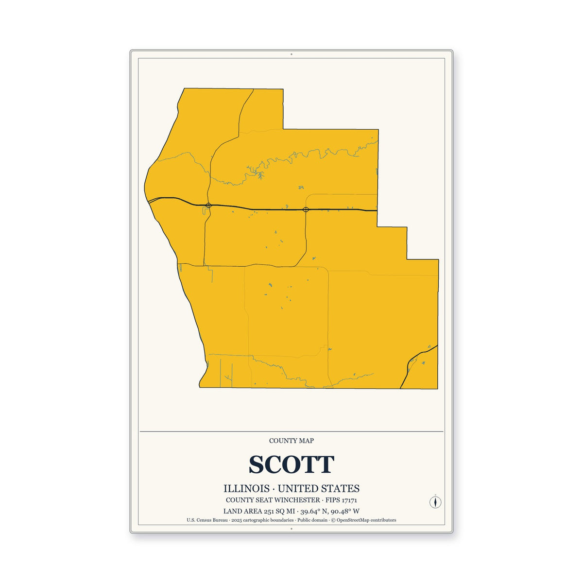 Scott County, Illinois Map Aluminum Sign in Citrine Modern style