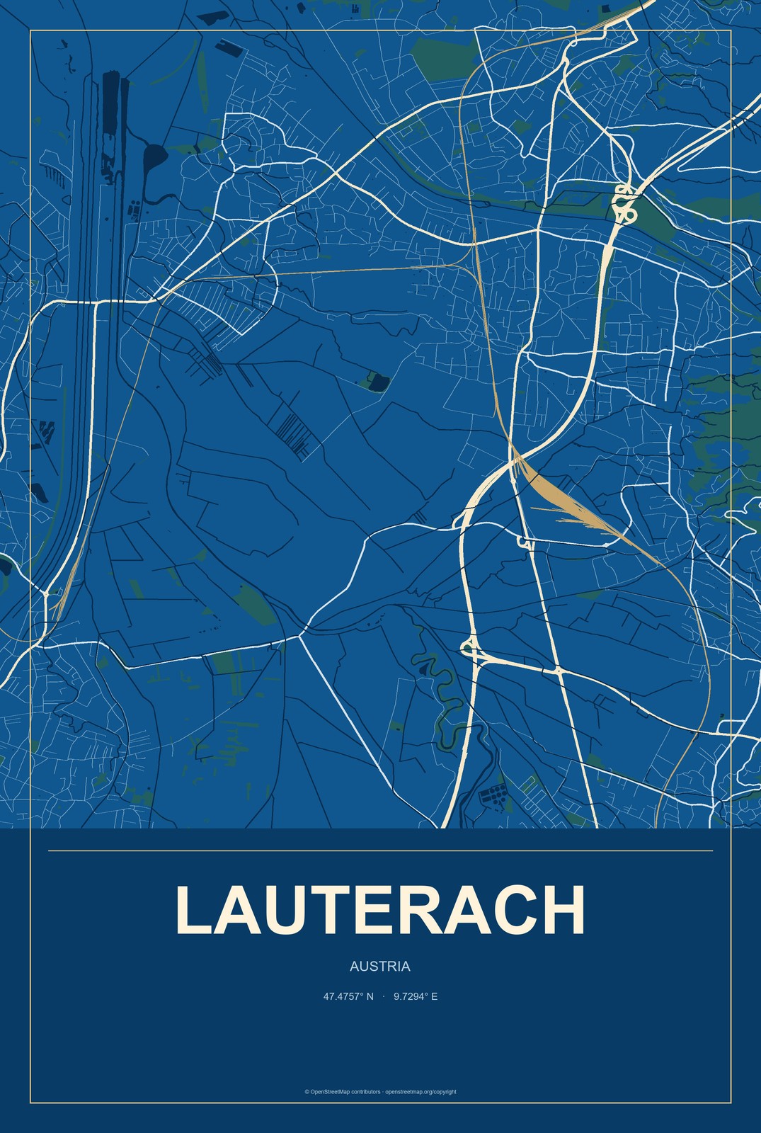 Lauterach, Austria City Map Aluminum Sign in Harbor Cobalt style