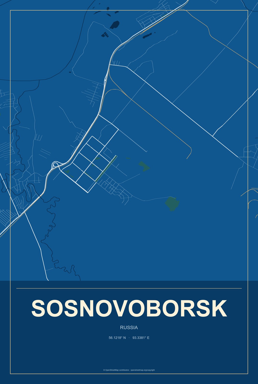 Sosnovoborsk, Russia City Map Aluminum Sign in Harbor Cobalt style