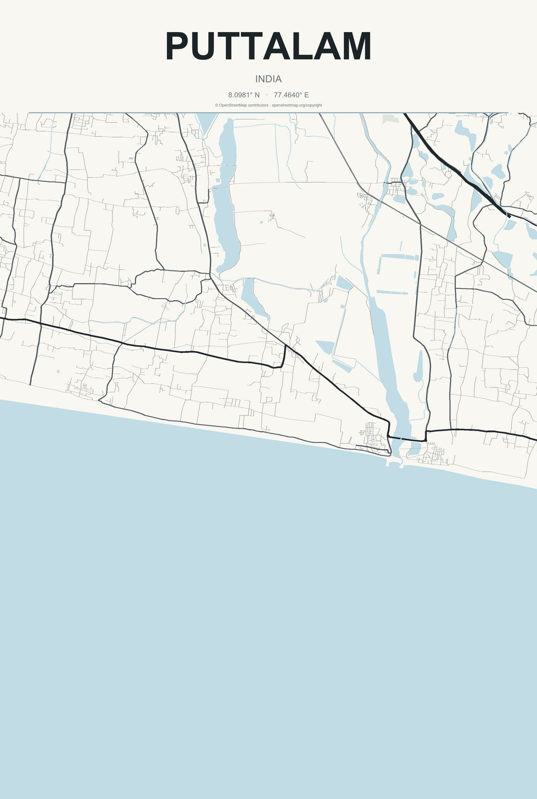 Puttalam, India City Map Aluminum Sign in Headline Atlas style