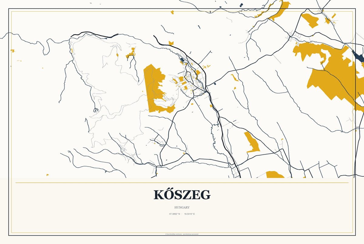 Kőszeg, Hungary City Map Aluminum Sign in Citrine Modern style