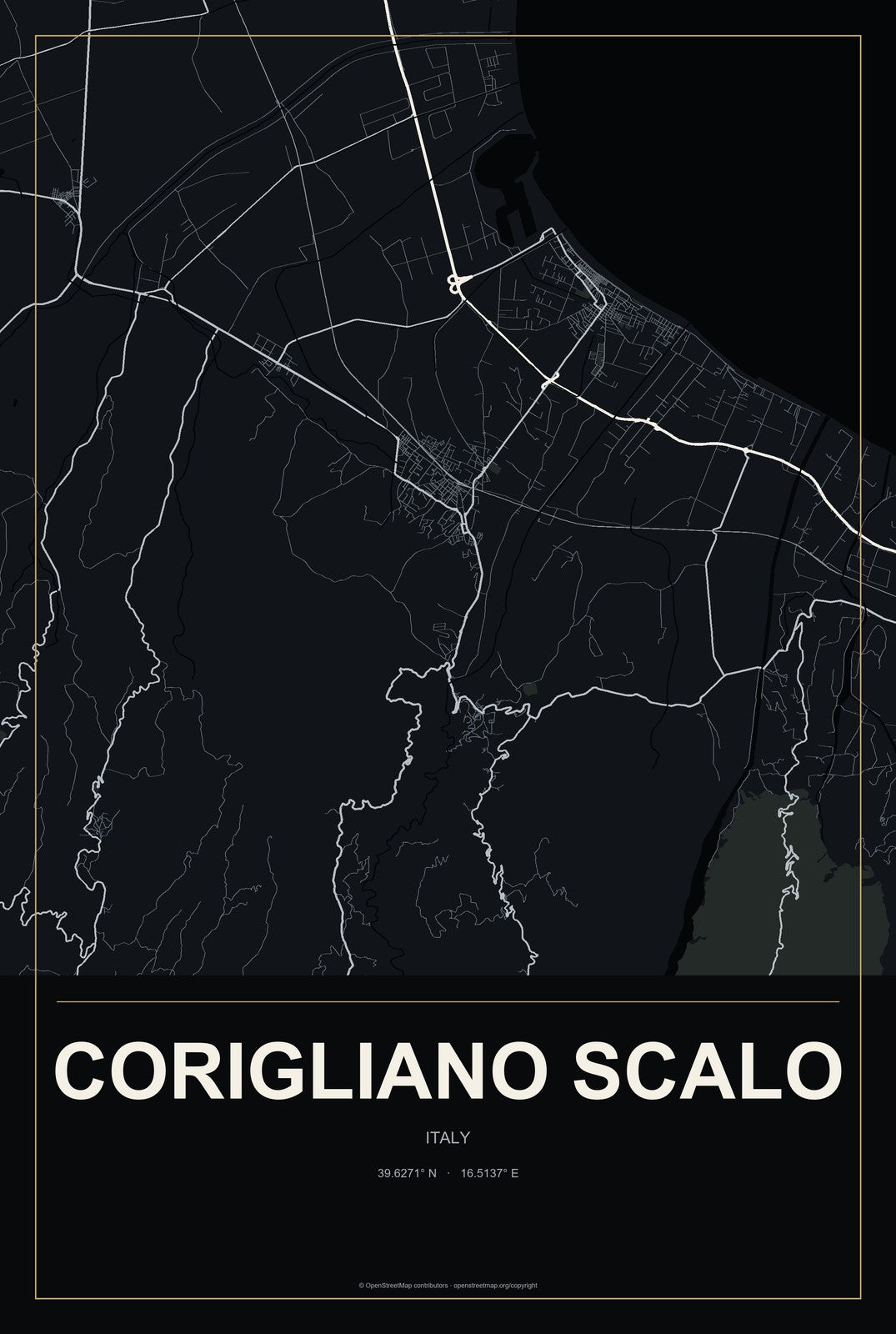 Corigliano Scalo, Italy City Map Aluminum Sign in Metropolitan Noir style