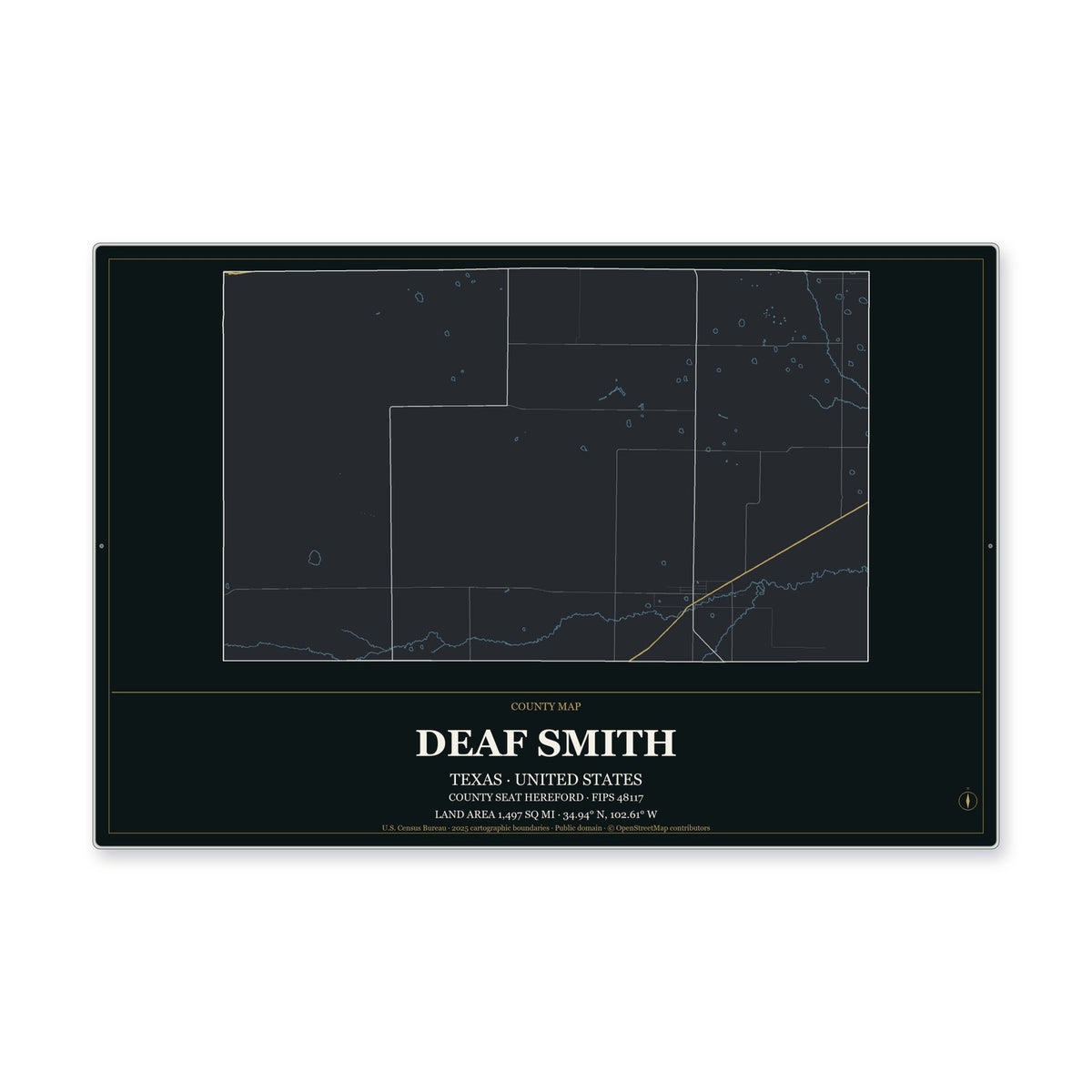 Deaf Smith County, Texas Map Aluminum Sign in Metropolitan Noir style