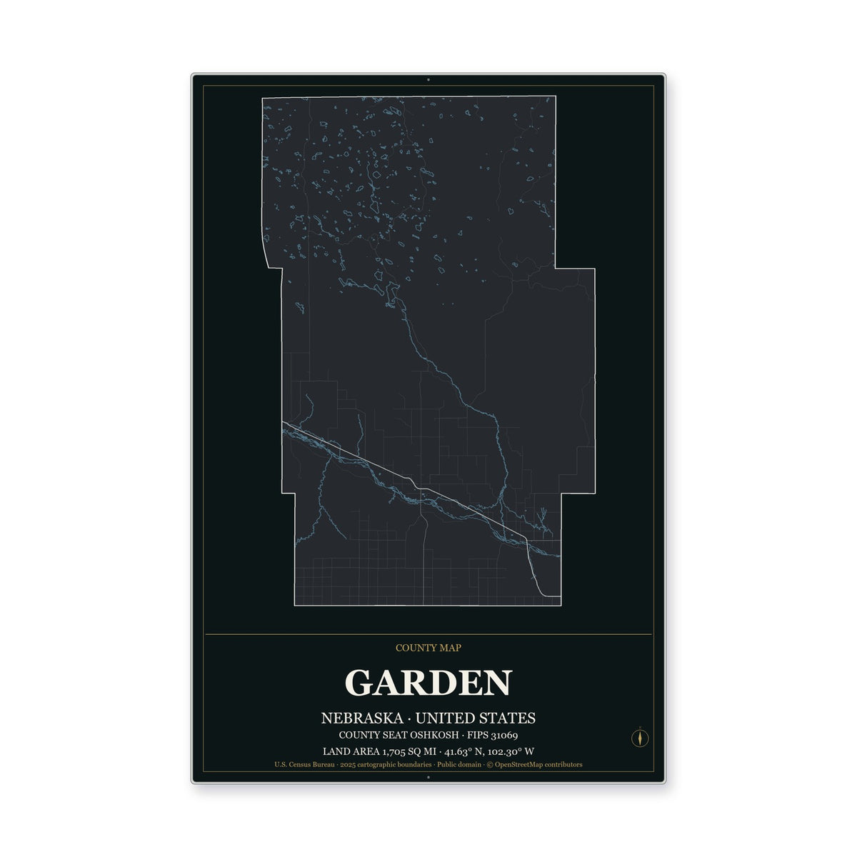 Garden County, Nebraska Map Aluminum Sign in Metropolitan Noir style