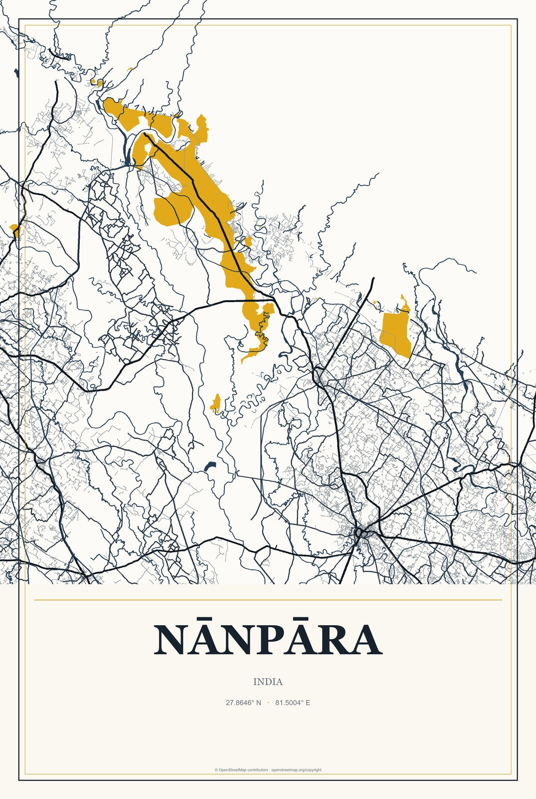 Nānpāra, India City Map Aluminum Sign in Citrine Modern style