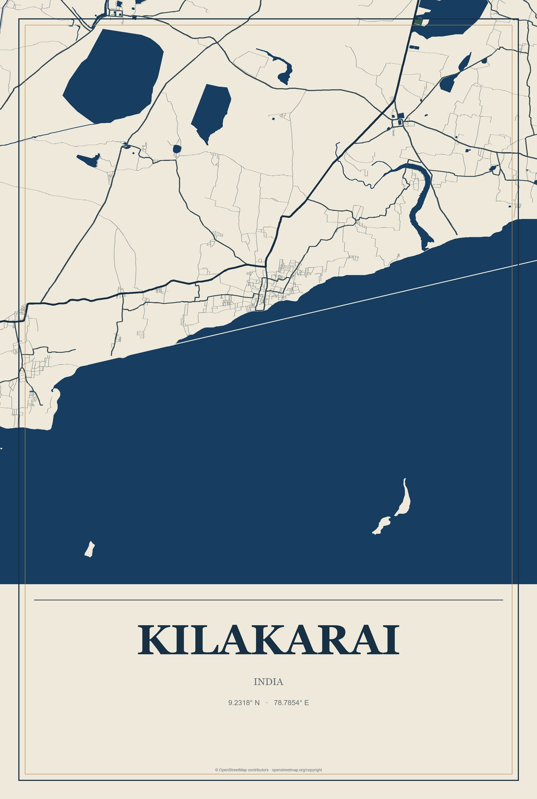 Kilakarai, India City Map Aluminum Sign in Coastal Cutout style