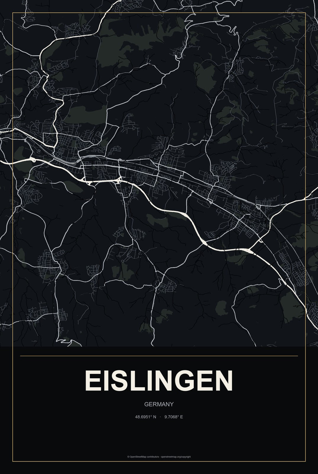 Eislingen, Germany City Map Aluminum Sign in Metropolitan Noir style