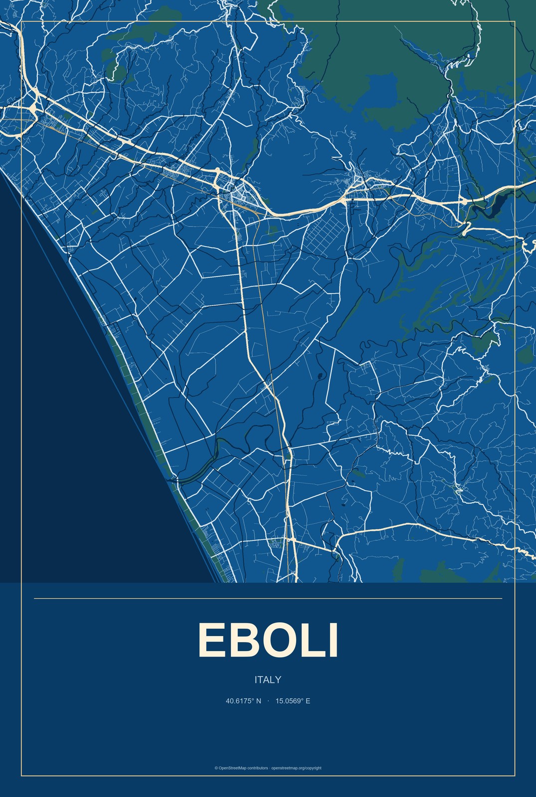 Eboli, Italy City Map Aluminum Sign in Harbor Cobalt style