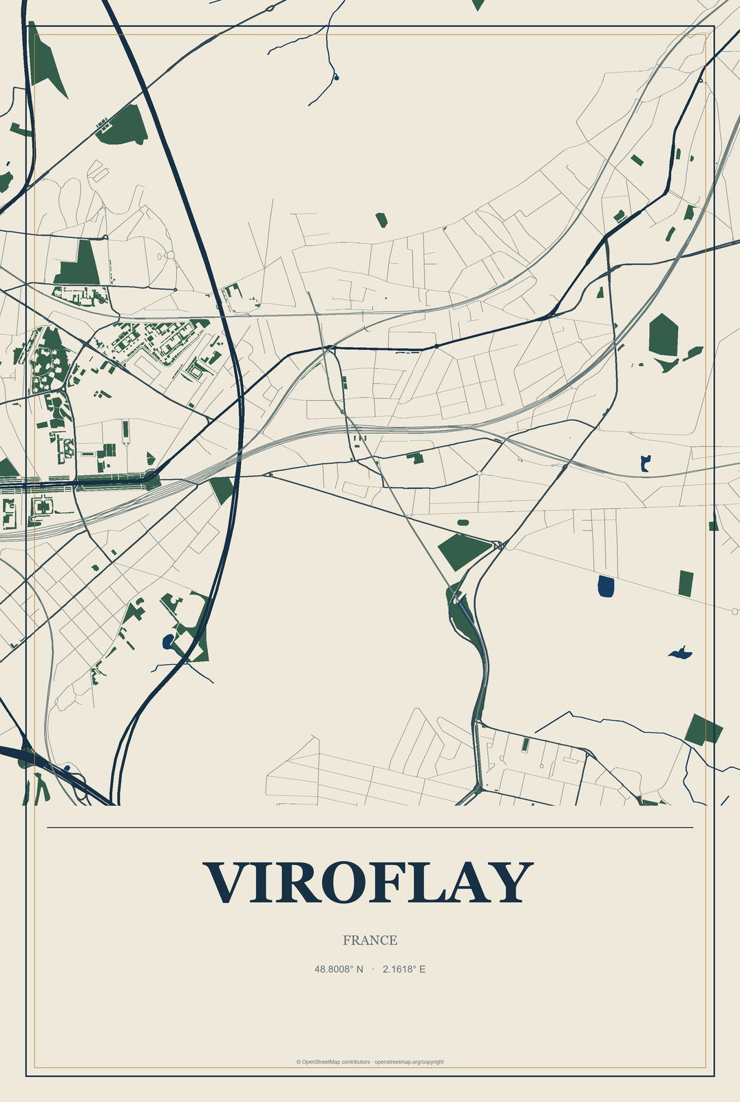 Viroflay, France City Map Aluminum Sign in Coastal Cutout style