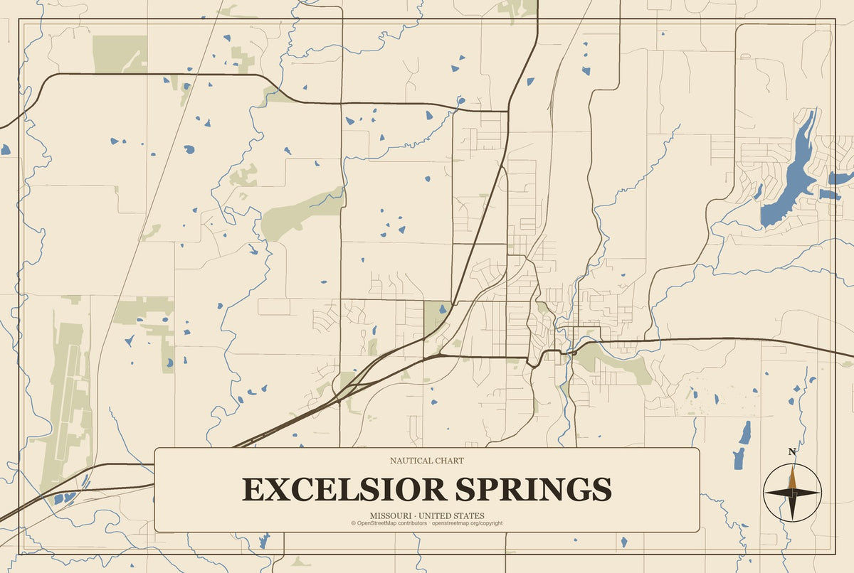 Excelsior Springs, Missouri City Map Aluminum Sign in Heritage Nautical style