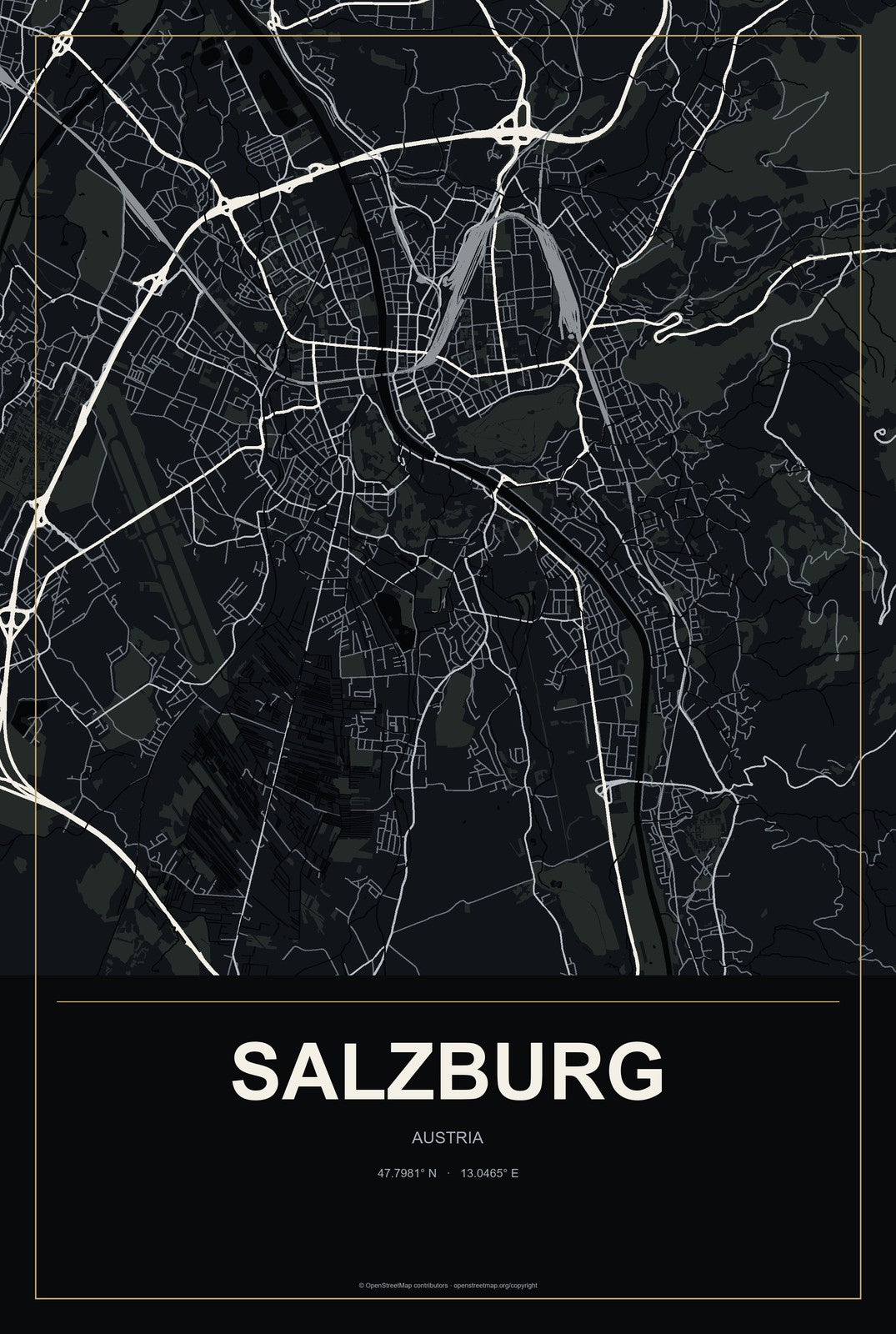 Salzburg, Austria City Map Aluminum Sign in Metropolitan Noir style