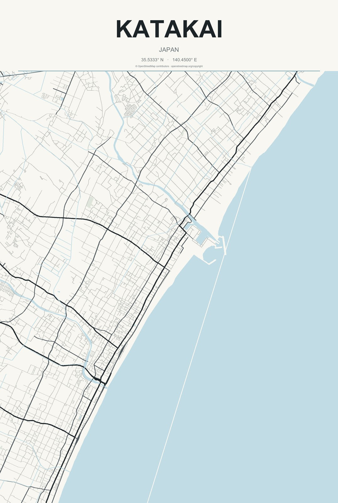 Katakai, Japan City Map Aluminum Sign in Headline Atlas style