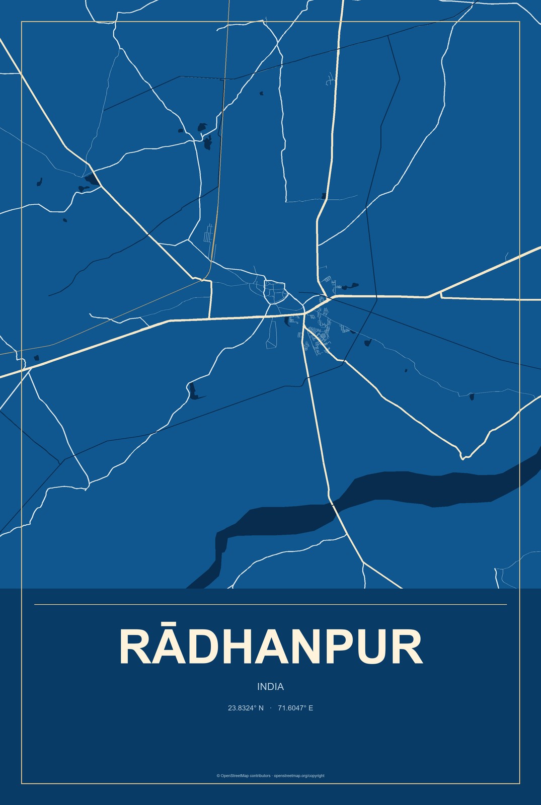 Rādhanpur, India City Map Aluminum Sign in Harbor Cobalt style