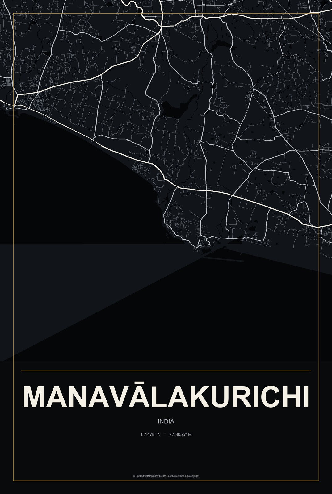 Manavālakurichi, India City Map Aluminum Sign in Metropolitan Noir style
