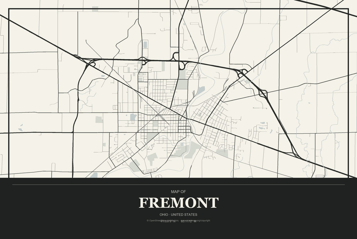 Fremont, Ohio City Map Aluminum Sign in Museum Plaque style