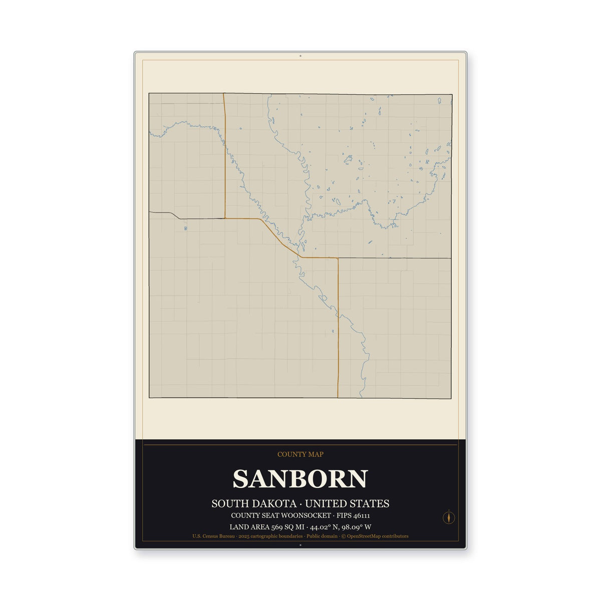 Sanborn County, South Dakota Map Aluminum Sign in Museum Plaque style