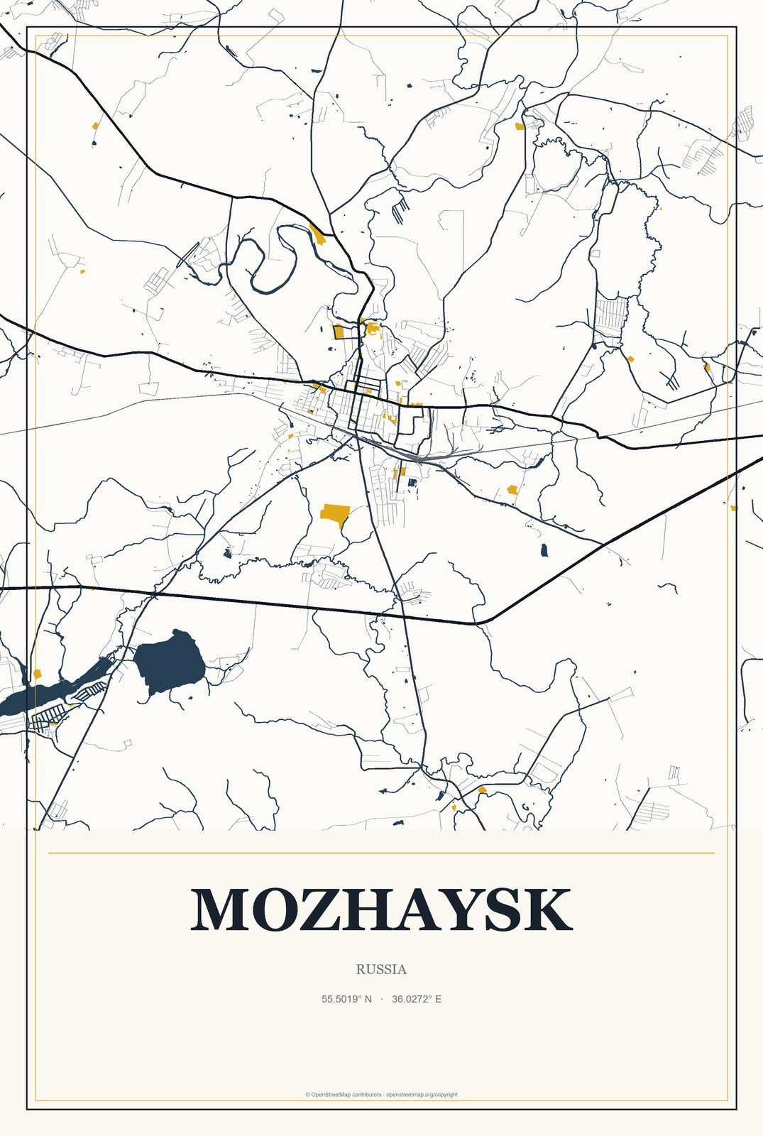 Mozhaysk, Russia City Map Aluminum Sign in Citrine Modern style