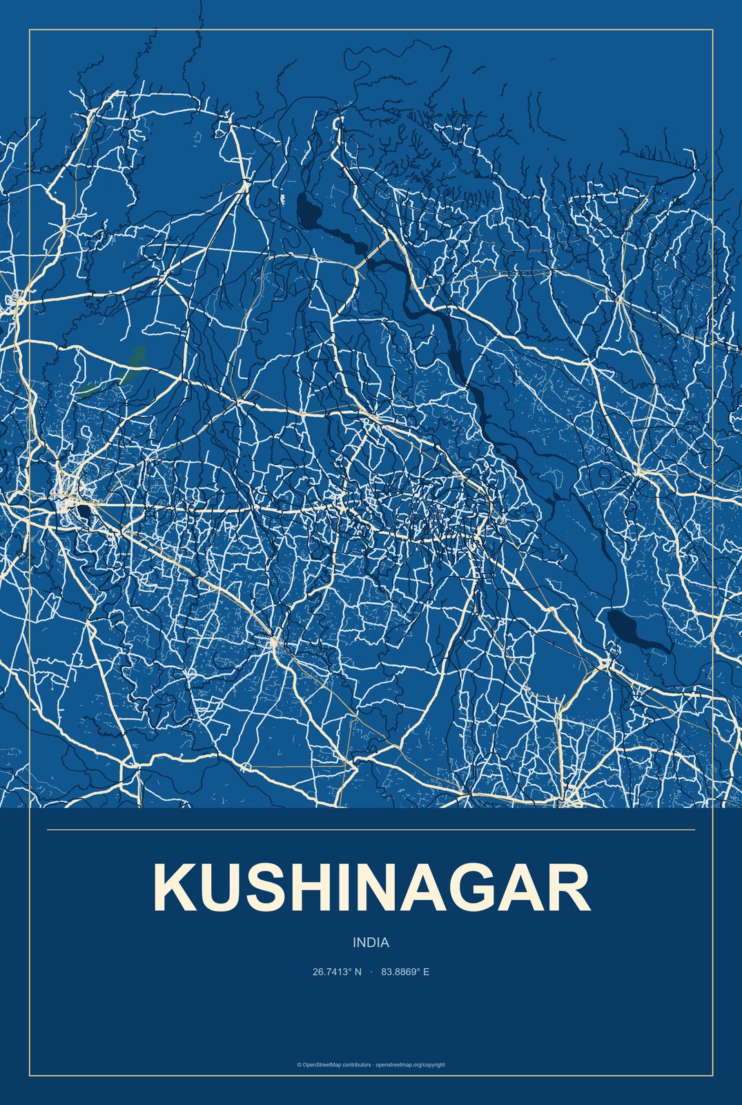 Kushinagar, India City Map Aluminum Sign in Harbor Cobalt style