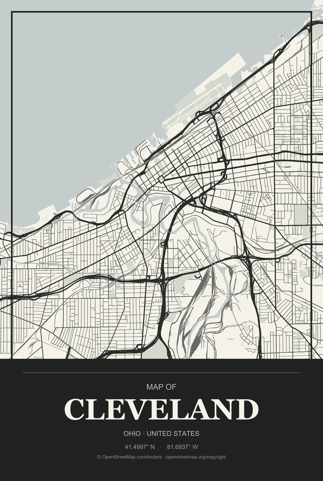 Cleveland, Ohio City Map Aluminum Sign in Museum Plaque style