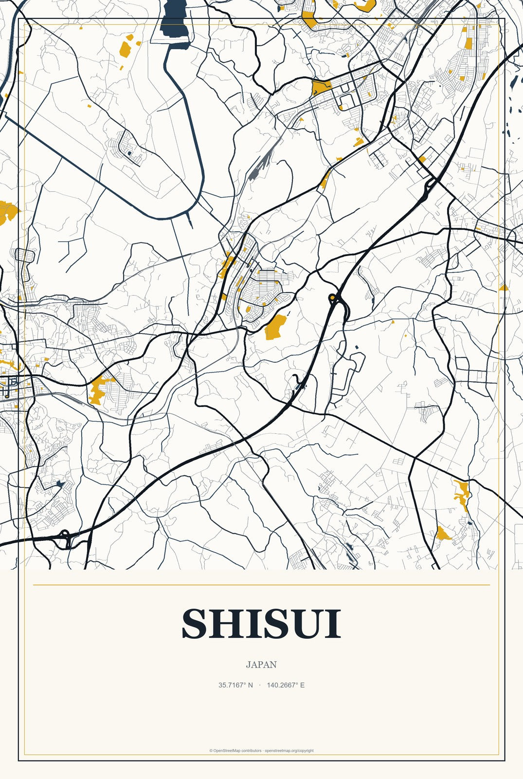Shisui, Japan City Map Aluminum Sign in Citrine Modern style