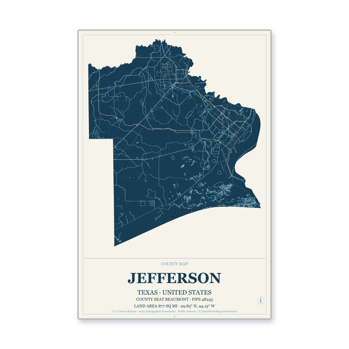 Jefferson County, Texas Map Aluminum Sign in Coastal Cutout style