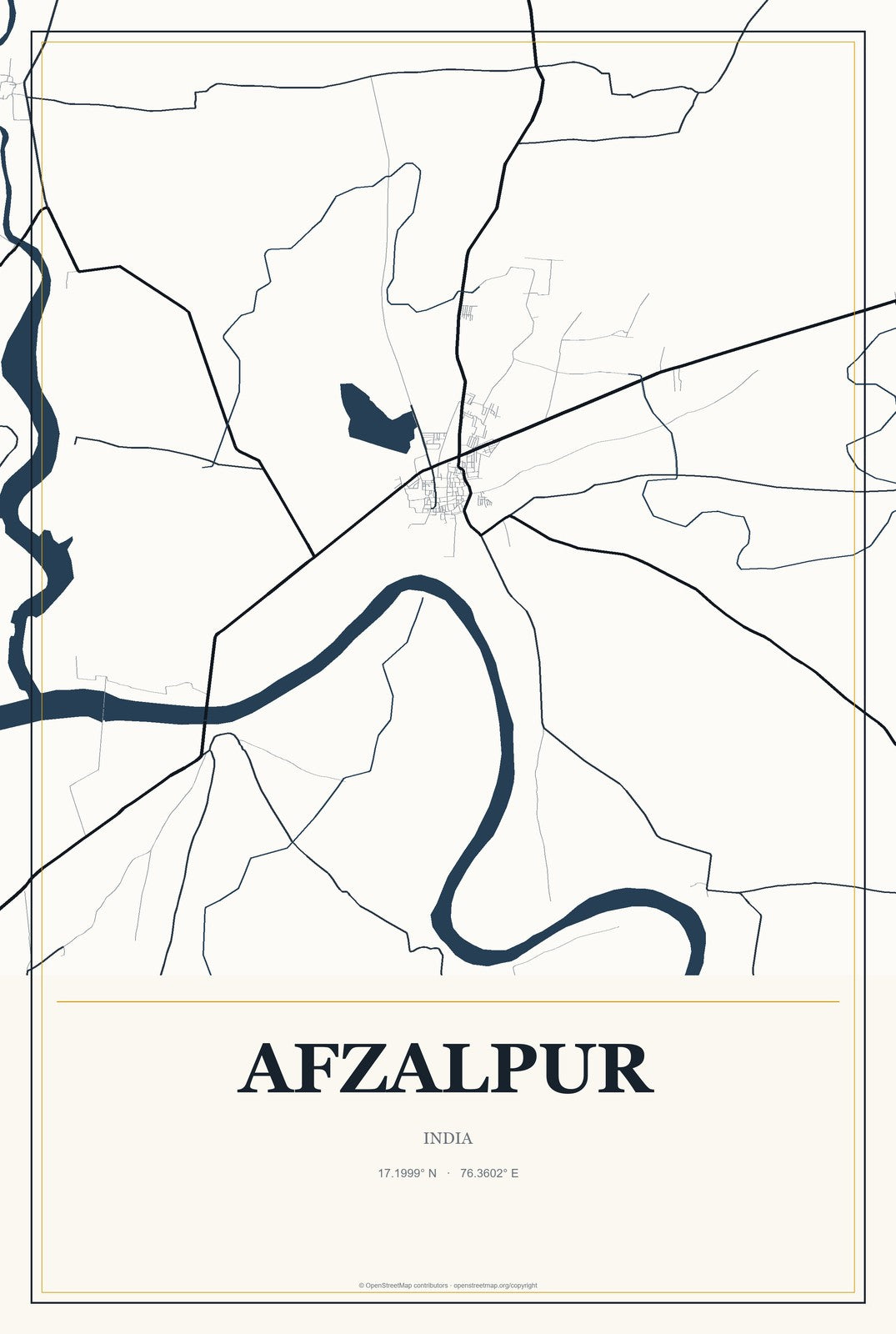 Afzalpur, India City Map Aluminum Sign in Citrine Modern style