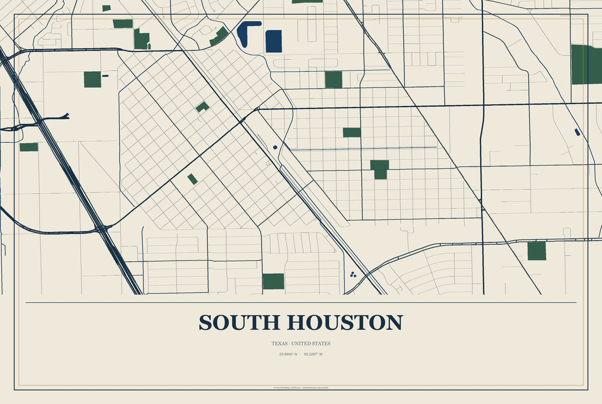 South Houston, Texas City Map Aluminum Sign in Coastal Cutout style