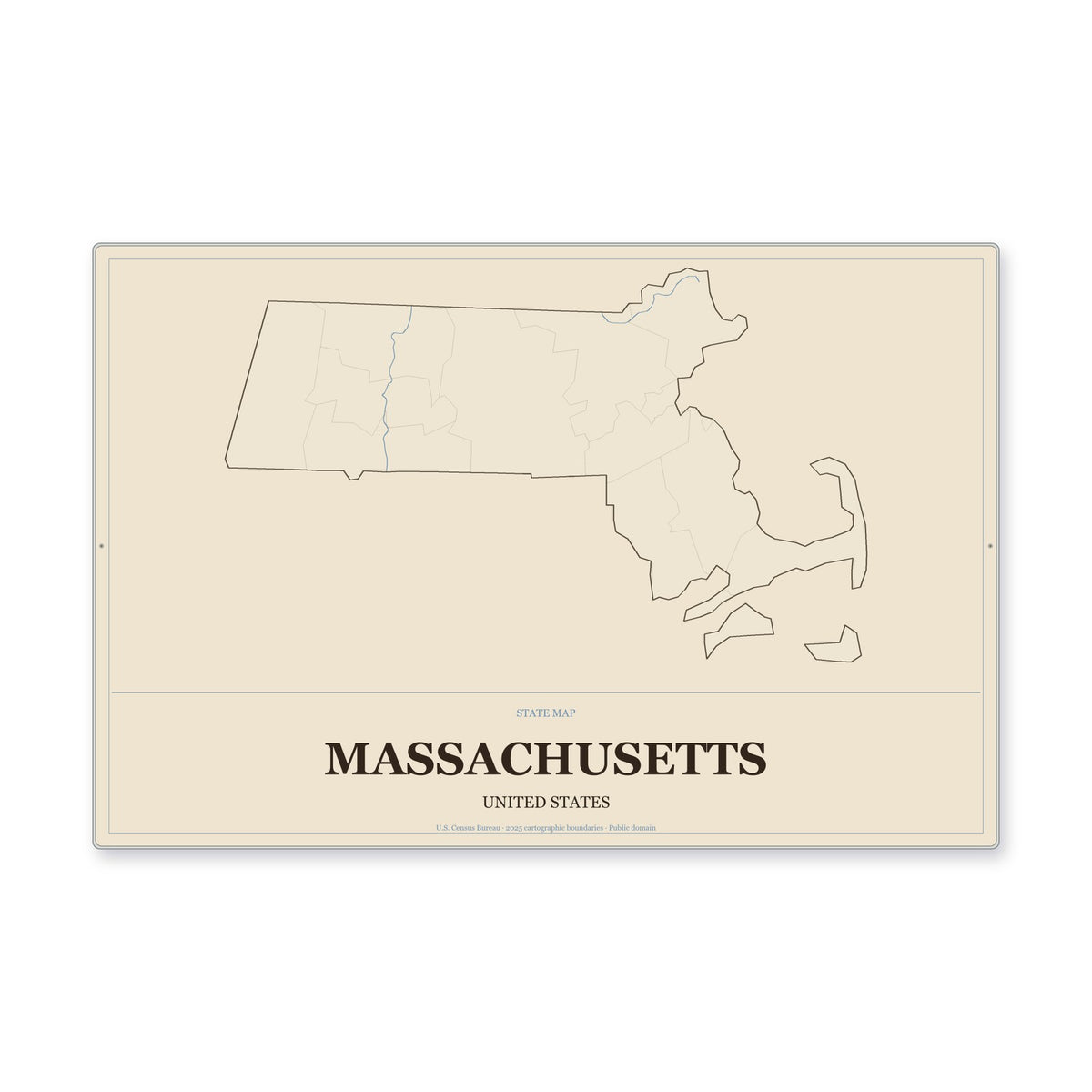 Massachusetts state map aluminum sign in Heritage Nautical style
