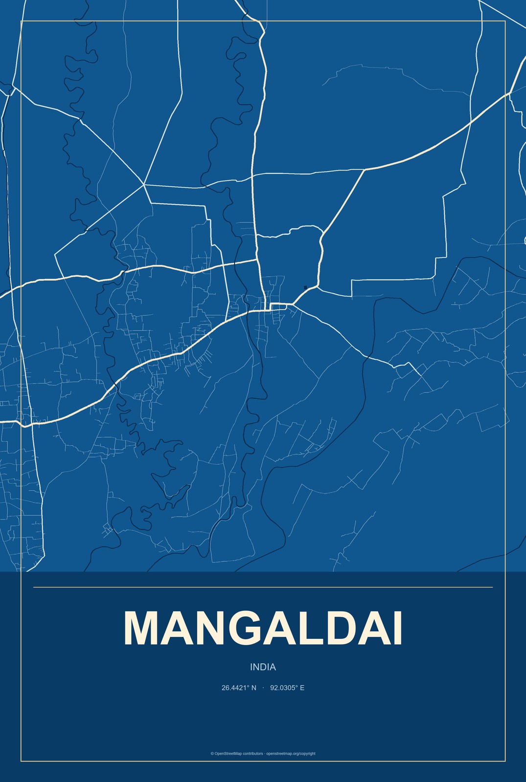 Mangaldai, India City Map Aluminum Sign in Harbor Cobalt style