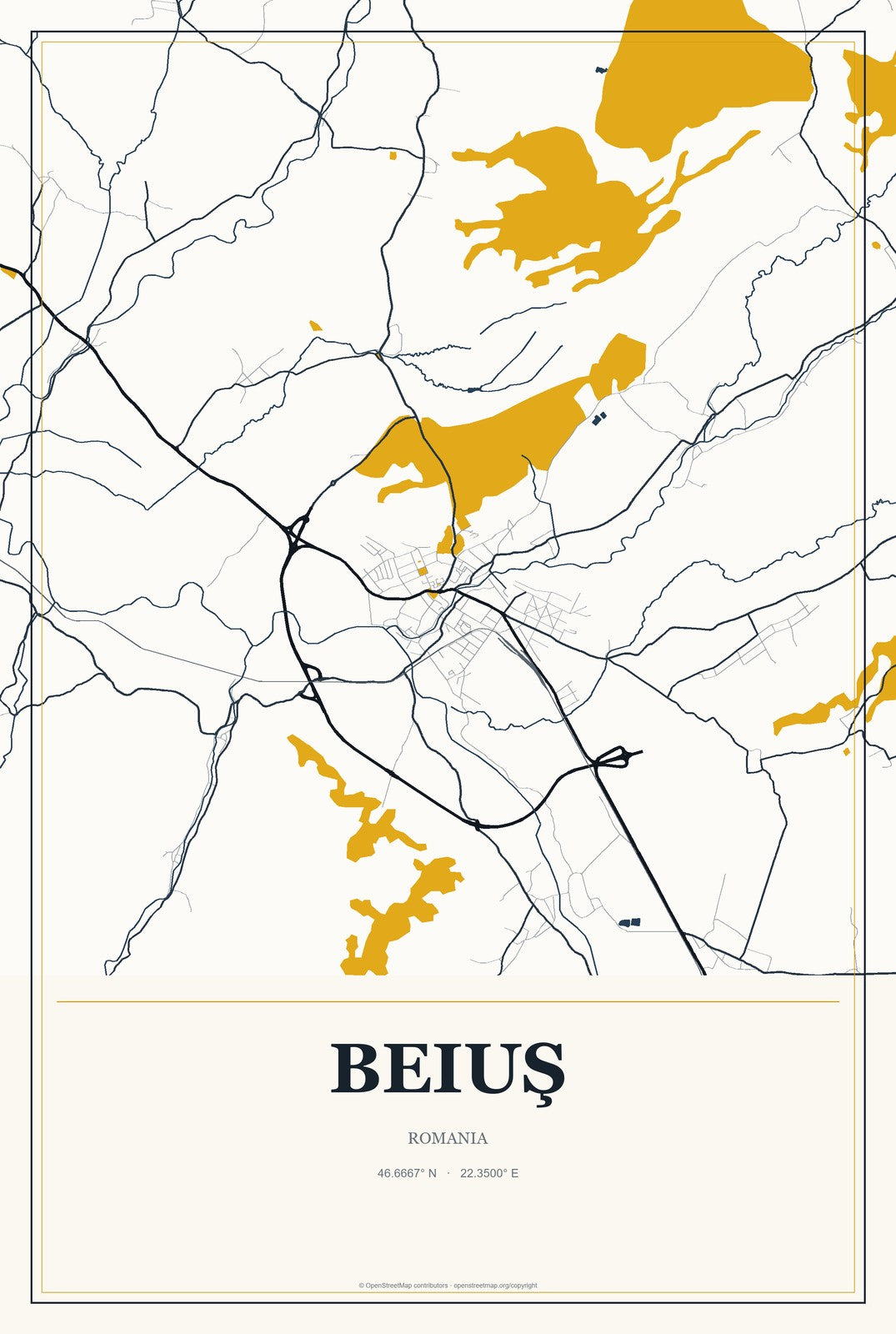 Beiuş, Romania City Map Aluminum Sign in Citrine Modern style