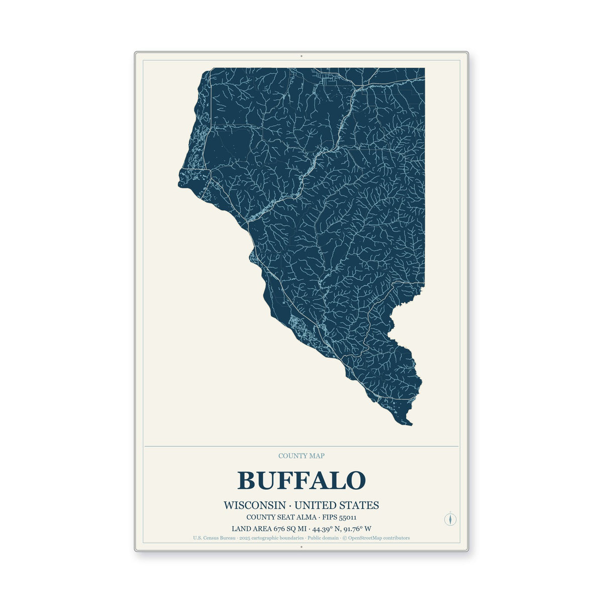 Buffalo County, Wisconsin Map Aluminum Sign in Coastal Cutout style