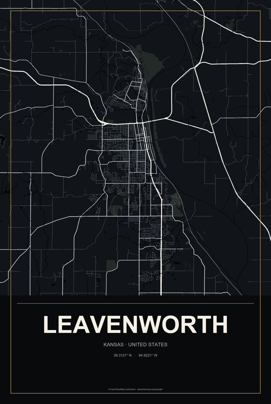 Leavenworth, Kansas City Map Aluminum Sign in Metropolitan Noir style