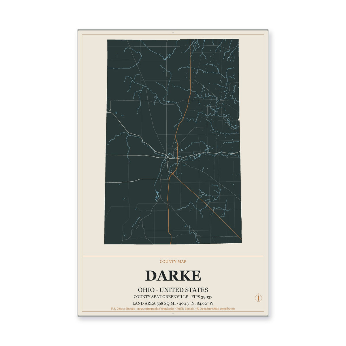 Darke County, Ohio Map Aluminum Sign in Headline Atlas style