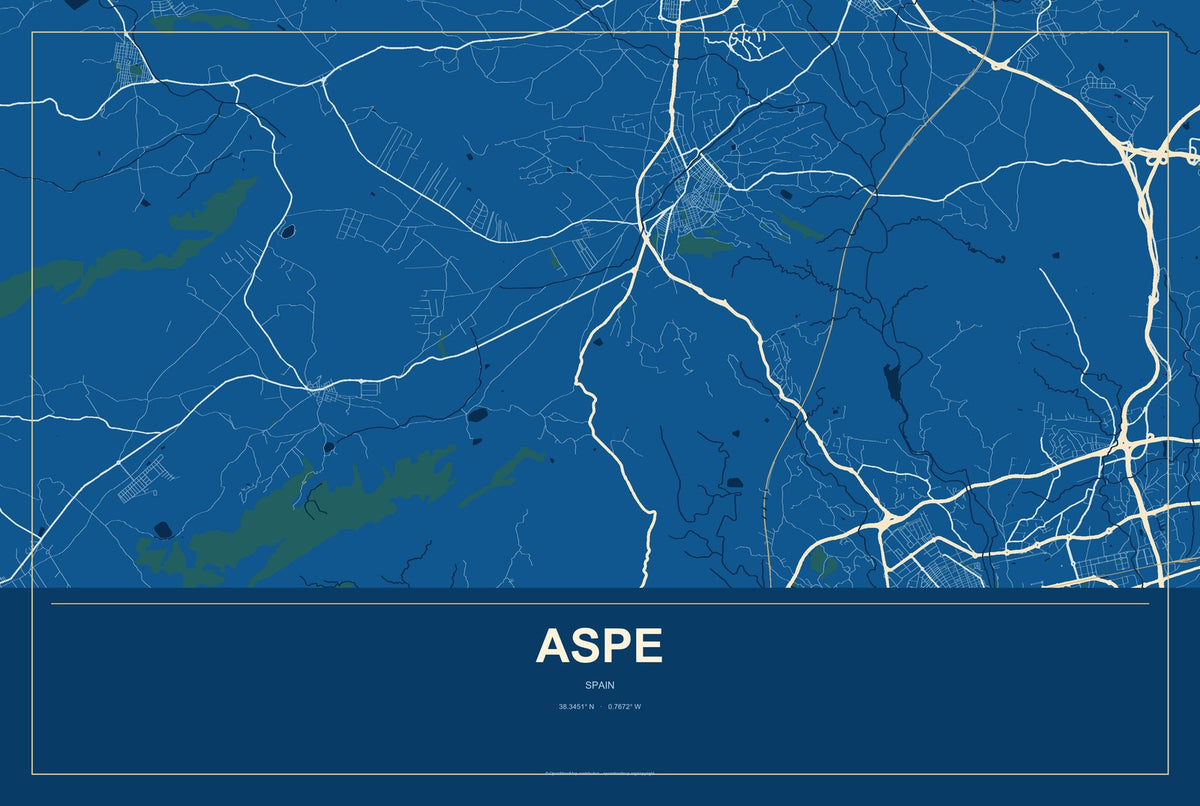 Aspe, Spain City Map Aluminum Sign in Harbor Cobalt style