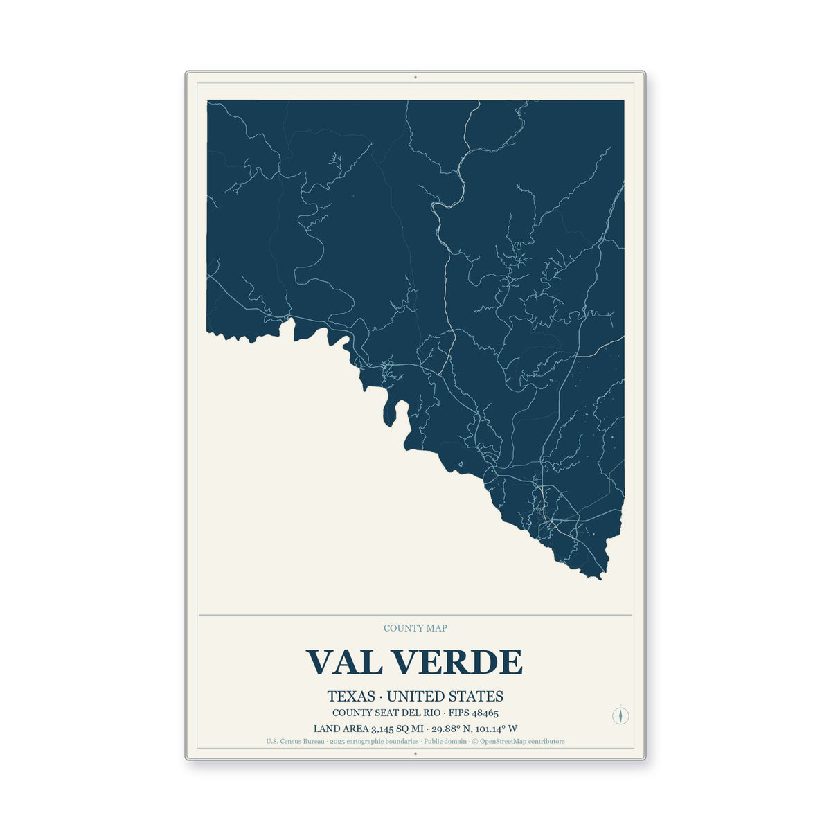 Val Verde County, Texas Map Aluminum Sign in Coastal Cutout style