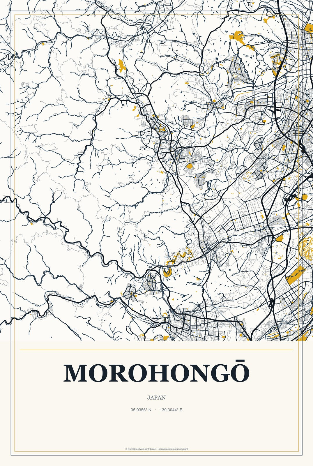 Morohongō, Japan City Map Aluminum Sign in Citrine Modern style