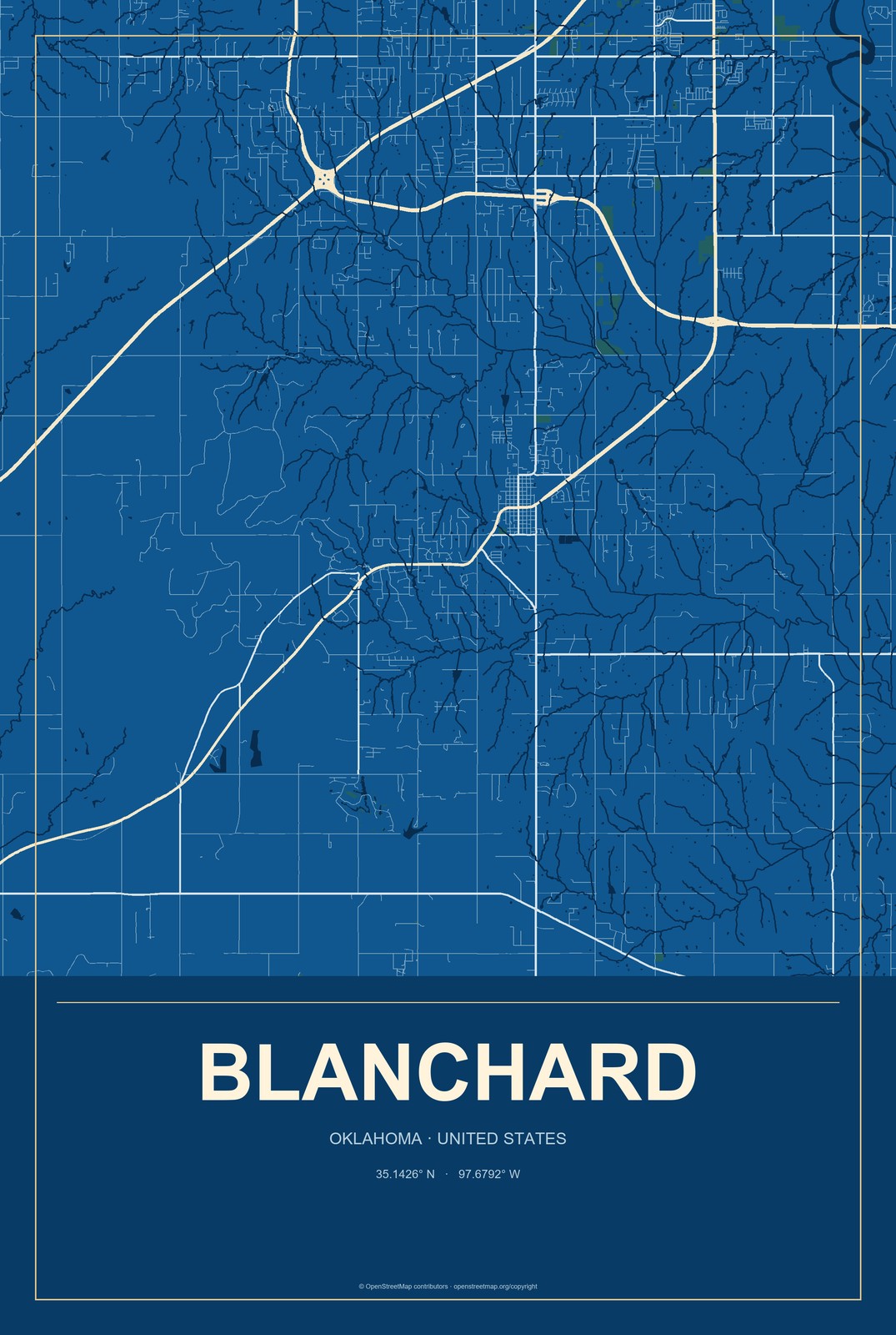 Blanchard, Oklahoma City Map Aluminum Sign in Harbor Cobalt style