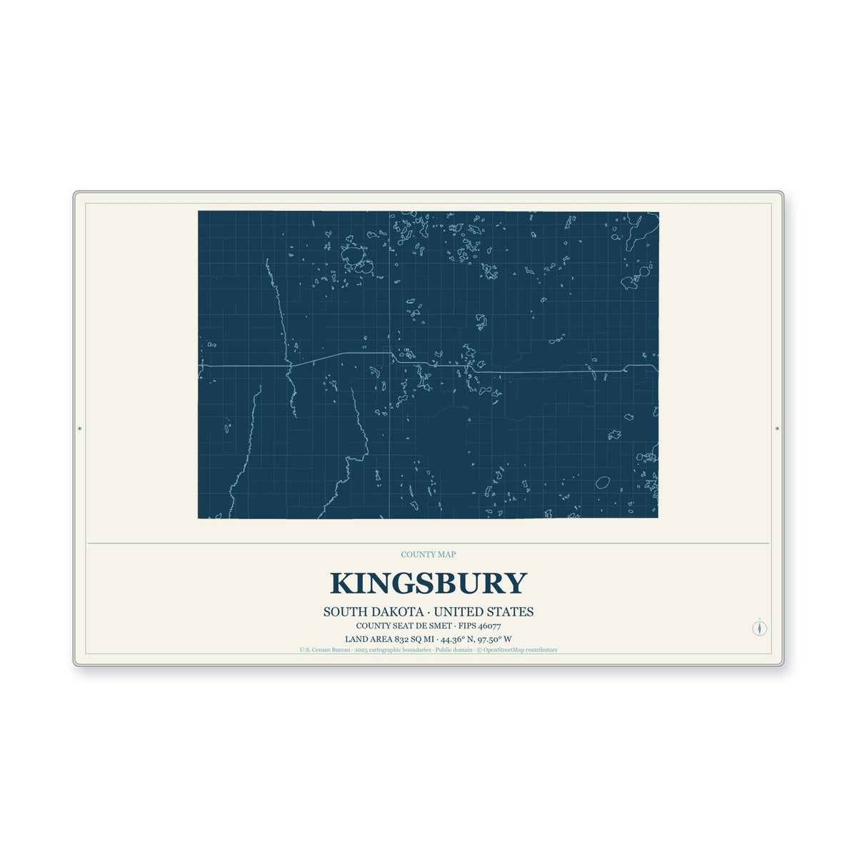 Kingsbury County, South Dakota Map Aluminum Sign in Coastal Cutout style