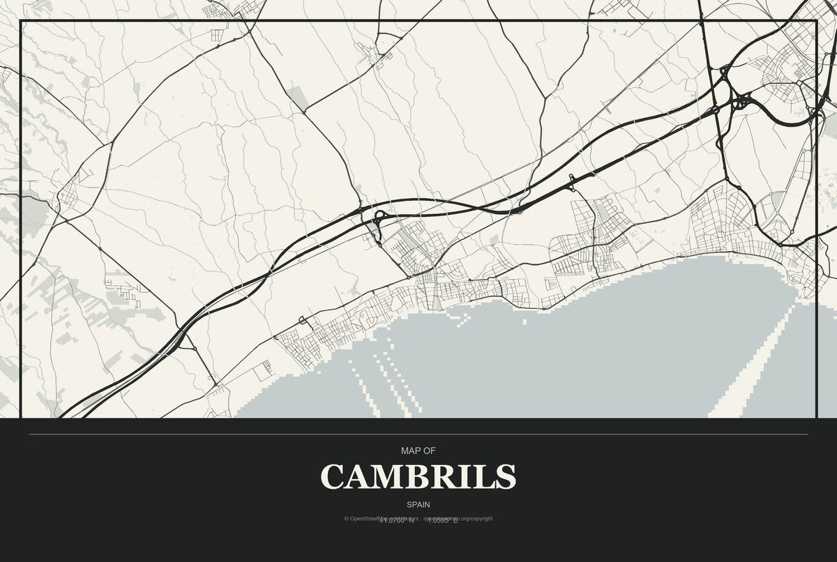 Cambrils, Spain City Map Aluminum Sign in Museum Plaque style