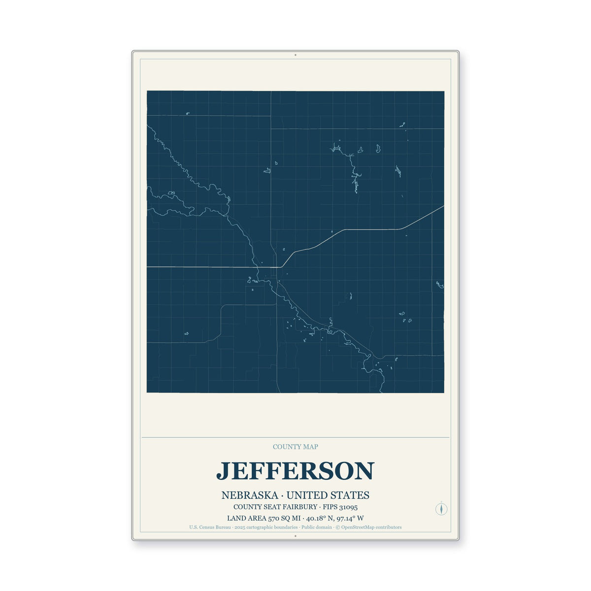 Jefferson County, Nebraska Map Aluminum Sign in Coastal Cutout style