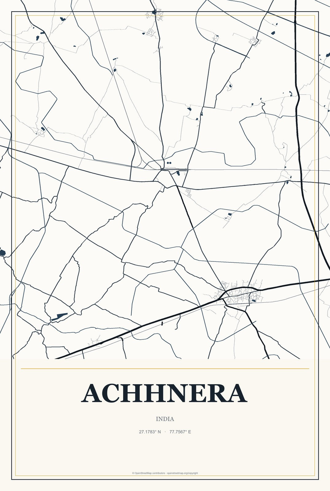 Achhnera, India City Map Aluminum Sign in Citrine Modern style