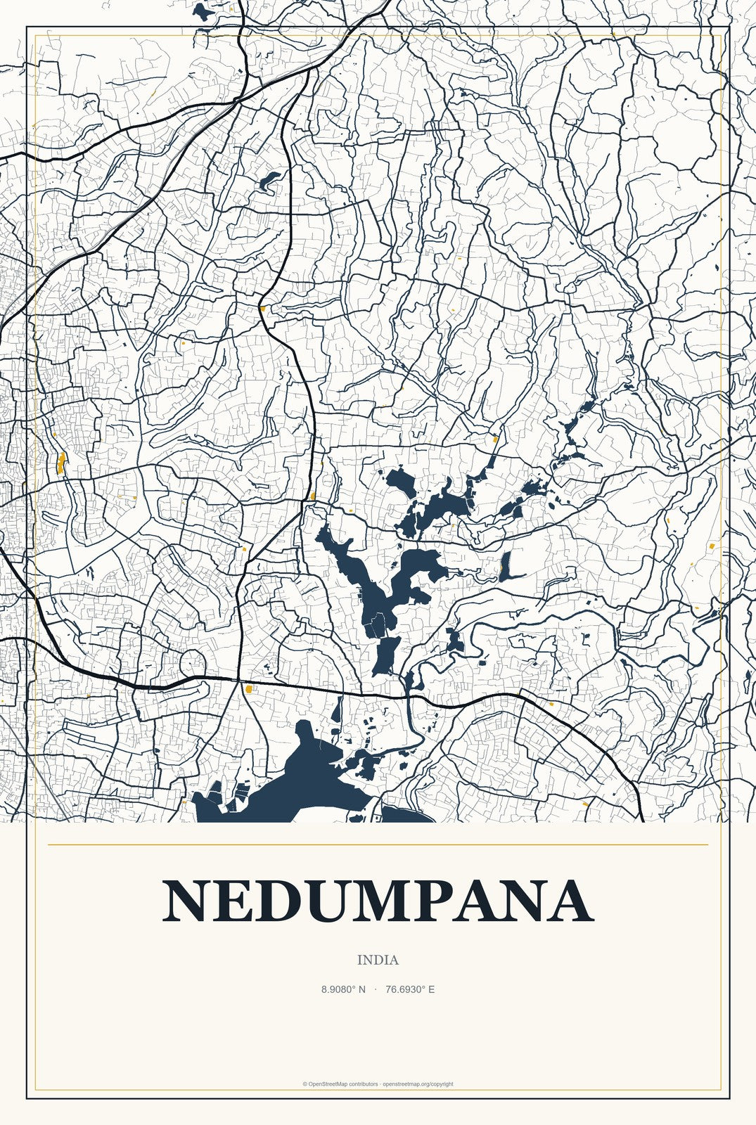 Nedumpana, India City Map Aluminum Sign in Citrine Modern style