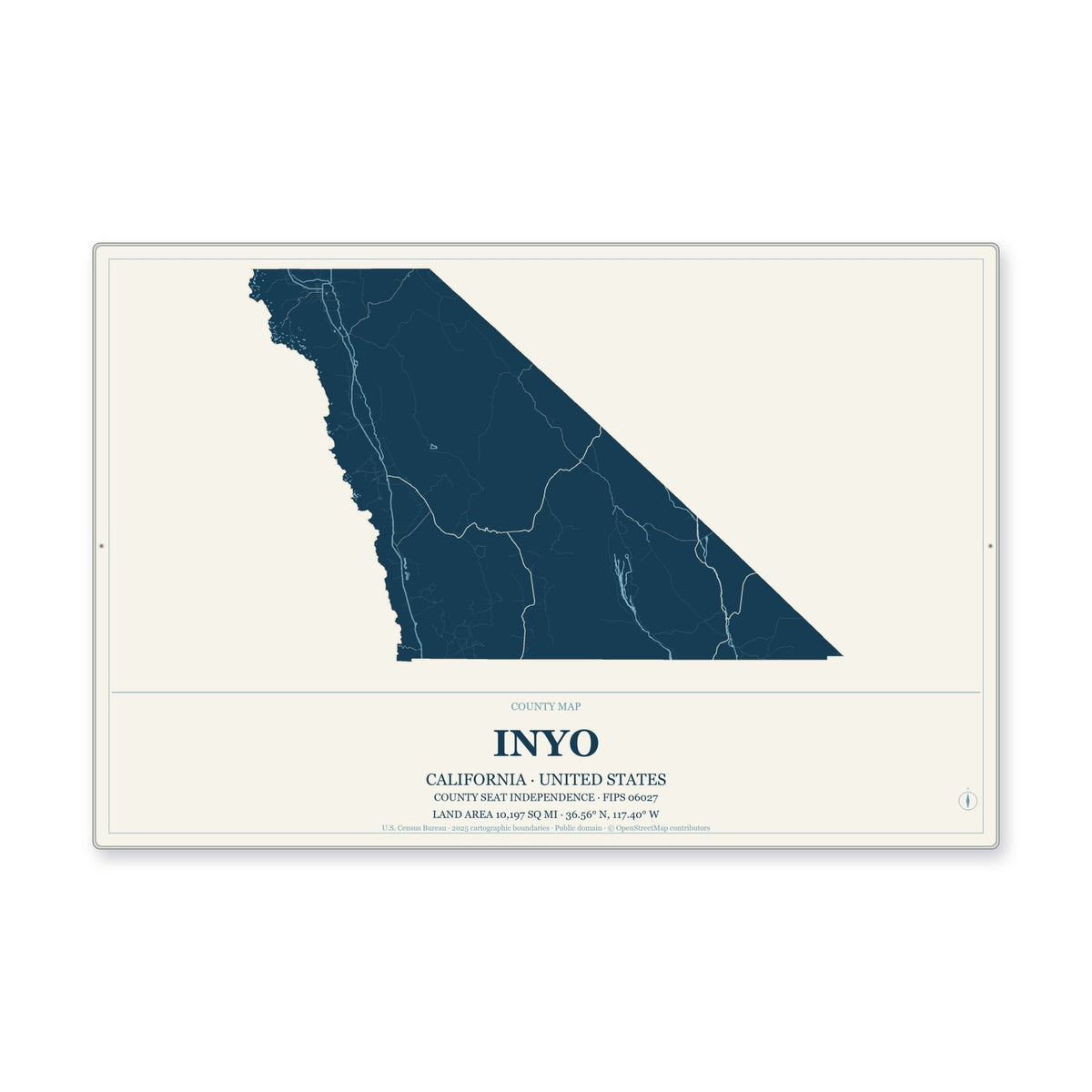 Inyo County, California Map Aluminum Sign in Coastal Cutout style