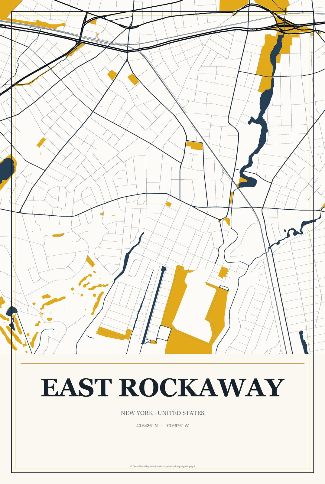 East Rockaway, New York City Map Aluminum Sign in Citrine Modern style