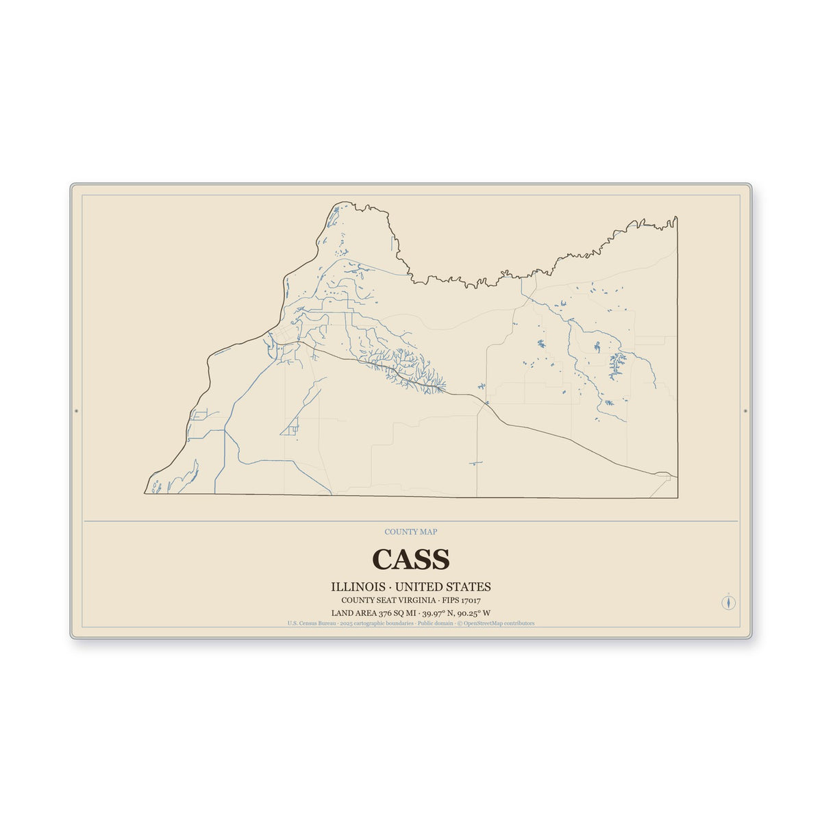Cass County, Illinois Map Aluminum Sign in Heritage Nautical style