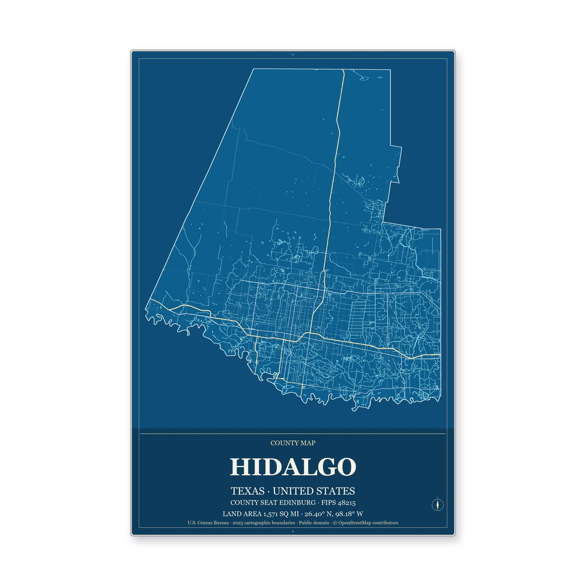 Hidalgo County, Texas Map Aluminum Sign in Harbor Cobalt style
