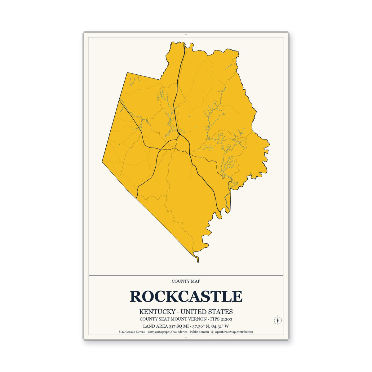 Rockcastle County, Kentucky Map Aluminum Sign in Citrine Modern style